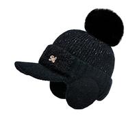 MUMEOMU Ladies Womens Cable Knit Peaked Beanie Cap Hat Winter Warm Fleece Lining Baseball Cap Faux Pom Pom Beanie Hat Winter Thickened Cashmere Cotton Warm Plain Caps Sports Casual Visor Hat Black