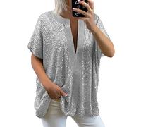 MUMEOMU Women's Sequin Tops for Women UK Plus Size V Neck Sparkle Top Shimmer Glitter Short Sleeve T-Shirt Loose Fit Tunics Blouse for Women Sequin Top Ladies Tunic Tops Silver