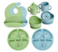 MumEZ Baby Feeding Set, Baby Led Weaning Set (14 Pcs), Self Eating Utensils with Baby Bibs Spoons Forks, Sippy Cup, Baby Plates and Bowls with Suction