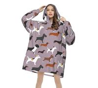 MUMICO Oversized Hooded Blanket for Adults, Companion Dog Dachshunds Warm Flannel Pullover with Pocket, Comfortable Wearable Throw for Winter Nights