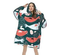 MUMICO Oversized Hooded Blanket for Adults, Funny Seals and Jellyfish Pattern Warm Flannel Pullover with Pocket, Comfortable Wearable Throw for Winter Nights