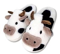 MUMIK Slippers Women Men Soft Plush Retro Slippers Women Comfortable Warm Slippers Trendy Slippers Indoor and Outdoor Non-Slip Slippers, Black Cow101, 8/8.5 UK