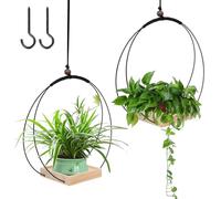 mumisuto 2Pcs Hanging Basket with Wooden Base, Hanging Flower Pots with 10 Inch Wire Circle and 90cm / 35 Inch Adjustable Rope, Hanging Plant Holder Liner for Ceiling Patio Window (Black 2)