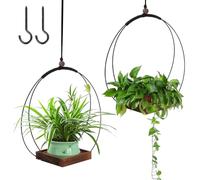 mumisuto 2Pcs Hanging Basket with Wooden Base, Hanging Flower Pots with 10 Inch Wire Circle and 90cm / 35 Inch Adjustable Rope, Hanging Plant Holder Liner for Ceiling Patio Window (Black 1)