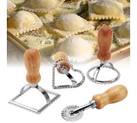 mumisuto 4 PCS Ravioli Stamp Maker Cutter, Ravioli Cutters Mold with Wooden Handle and Fluted Edge Pasta Press Kitchen Attachment with Pastry Cutter Wheel for Ravioli Pastry Pasta Dumplings Cookies