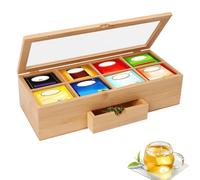 Mumisuto Bamboo Wooden Tea Box, 8 Compartments Tea Organiser with Drawer, Tea Bag Holder Chest with Transparent Lid, 15x6.5x4 Inch