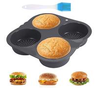 mumisuto Burger Bun Tray, Silicone Burger Buns Baking Mould, Bun Baking Mould, Bread Tray for 4 or 6 Rolls, with Non-Stick Coating, for Burgers, Bread, Rolls, Puffs, Tartlets (4-Hole)