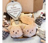 Mummy and Bumps First Box Tree Ornament -Personalised Keepsake, 2025 Bauble,Xmas Stocking Gift & Family Ornament -Teddy Socks |gift for new parents Indies Wooden Treasure