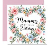 Mummy Birthday Card - Flower Heart Wreath - Happy Birthday Card for Mummy from Son Daughter, 145mm Flower Heart Wreath Bday Greeting Cards