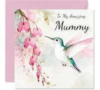 Mummy Birthday Card - Hummingbird Wishes - Happy Birthday Card for Mummy from Son Daughter, 145mm Pink Floral Illustration Bday Greeting Cards