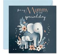 Mummy Birthday Card - Special Day - Happy Birthday Card for Mummy from Son Daughter, 145mm Cute Mother and Baby Elephant Illustration Bday Greeting Cards