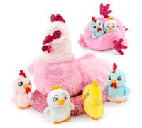 Mummy Hen Stuffed Animal with Zipper Belly, Farm Chicken Plush Toy Set Includes 4 Cute Baby Chicks, Interactive Surprise Nesting Hen Soft Plush Doll Birthday Educational Gift for Kids Boys Girls
