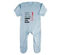 Mummy Loves me More Than Zombies Love Brains Baby Romper Jumpsuit with feet, 0-3 Months, Pastel Blue