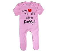 Mummy will you marry Daddy (love heart style) [BBY7] valentines marriage proposal baby romper jumpsuit with feet, 0-3 months, Pastel Pink