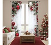MUMQAQ Christmas Ball Holiday Printed Curtains, 2 Pieces 2D Flat Printed Red Luxury Xmas Print Curtains with Snowflakes and Pine Branches for Bedroom Living Room Holiday Party Decor