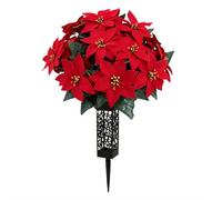 MUMQAQ Christmas Cemetery Flowers for Grave, Christmas Artificial Flowers for Outdoors Red, Artificial 24 Heads Large Red Velvet Poinsettia Bouquets with Vases for Outdoor Grave Decorations