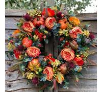 MUMQAQ Farmhouse Fall Wreath with Peonies & Pumpkins - Autumn Maple Leaf and Berry Decor, Durable Artificial Wreath for Front Door, Thanksgiving Wreaths for Indoor Outdoor Halloween Harvest Decor
