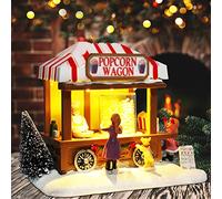 MUMTOP Christmas Village House Decoration, Popcorn Glow Music Wagon with LED Lighted, Battery Operate Figurine Building Christmas Home Decor