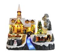 MUMTOP Christmas Village Snow Church with Rotating Train, Light Up Animated Moving Skaters and Christmas Tree with Music for Indoor Holiday Xmas Tabletop Decor