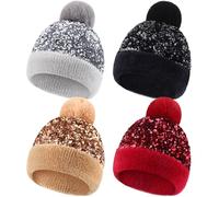 Mumucove 4 Pcs Winter Beanie with Pom Pom Women Sequin Hat Glitter Hat Sequin Faux Fur Hat Warm Winter Skull Cap for Women Supplies, Black, Silver, Gold, Wine Red, One Size