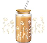 Mumufy 1 Pack Glass Cups Gift Aesthetic Cute Glass Cup Tumbler Flower Iced Coffee Mugs 16 oz with Bamboo Lid & Straw, for Wedding Birthday Bridesmaid Mom Baby Shower