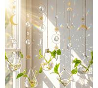 Mumufy 11 Pcs Crystals Suncatcher and Hanging Glass Planter Terrariums Set Geometric Wall Vases Moon Star Crystals Prism Hanging Decor for Windows Home Wedding Decoration