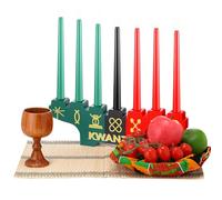 Mumufy 12 Pcs Kwanzaa Kinara Set Include 3 Red 3 Green 1 Black Candles Double Sided Wooden Candle Holder Wine Glasses Basket Bamboo Table Mat Kente Cloth for Kwanzaa Celebration Decoration (Stylish)