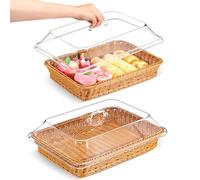 Mumufy 2 Pack Wicker Large Bread Basket with Acrylic Lid Housewarming Gift Woven Rectangular Imitation Rattan Fruit Basket with Cover for Serving Food Display Tabletop Home Kitchen(15.75x11.81'')