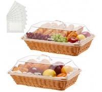 Mumufy 2 Packs Bread Baskets for Serving with Lid 40x30x7.5cm and 50 Pcs Food Blotting Sheets 45x32cm Imitation Rattan Bread Basket Fruit Food Storage Basket for Baker Gift Housewarming Thanksgiving