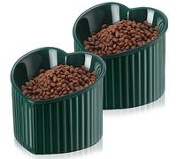 Mumufy 2 Pcs Ceramic Elevated Cat Bowls Tilted Elevated Raised Pet Bowls Anti Vomit Cat Dish for Indoor Stress Free Water Dish Feeder for Puppies, Heart Shaped(Peacock Green)