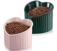 Mumufy 2 Pcs Ceramic Elevated Cat Bowls Tilted Elevated Raised Pet Bowls Anti Vomit Cat Dish for Indoor Stress Free Water Dish Feeder for Puppies, Heart Shaped(Pink, Peacock Green)