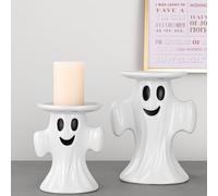 Mumufy 2 Pcs Halloween Ghost Candle Holder for Pillar Candle 5" 7" Tall Ceramic Cute Ghost Candlestick Holders White Pillar Taper Candles Stand Table Decor for Halloween Wedding Party Gift