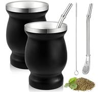 Mumufy 2 Pcs Yerba Mate Cup Stainless Steel Mate Cup and Bombilla Set Double Wall Mate Tea Cup with Cleaning Brush, 8 Oz, Easy to Clean (Black)