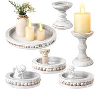 Mumufy 6 Pack Decorative Serving Tray Decor Rustic Beaded Tray Wood Candle Holder Round White Washed Candle Stick Holders Farmhouse Table Centerpiece for Coffee Fireplace Dining Home Table Decor