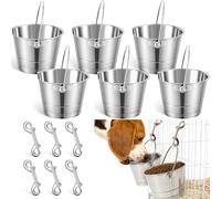 Mumufy 6 Set 1 Quart Stainless Steel Flat Side Bucket Durable Water Pails with Double Ended Snaps Small Metal Bucket Flat Back Water Pails for Dogs Cats Kennels Cages Fences Pet Container