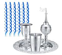 Mumufy 9 Pcs Shabbat Havdalah Set Include Havdualah Candle Holder Kiddush Cup Spice Box Goblet Silver Plate with 5 Pcs Havdalah Candle for Shabbat Judaica Decoration