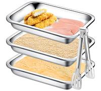 Mumufy Breading Trays Set of 3 Large 10.4 x 7.7 x 1.9 Inch Stainless Steel Breading Pans with Tong for Dredging Chicken Breasts and Marinating Meat, Food Prep Trays for Breadcrum Dishes, Schnitzel