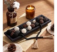 Mumufy Decorative Wood Dough Bowl Set Include Black Long Wooden Tray Decorative Balls Beads String with Tassel, Rustic Wooden Centerpiece for Coffee Table Living Room Kitchen (20")