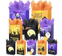 MUMULULU 10 Pack Happy Halloween Bags Assorted Sizes Trick or Treat Paper Gift Bags with Handle and Tissue Paper for Halloween Party Favors