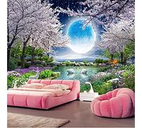 MUMUWUSG 3D Non-Woven Wallpaper Pink Plants Trees Moon Panoramic Murals Wall Decoration 3D Wallpaper Living Room The Wall for Bedroom Living Room Corridor Wall Poster 300X210Cm