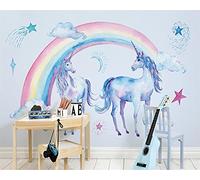 MUMUWUSG Non-Woven Wallpaper Fashion Rainbow Animal Unicorn Self-Adhesive Mural Art Decals Home Decoration DIY Living Bedroom Office Decor Wallpaper Kids Room Gift 300X210Cm