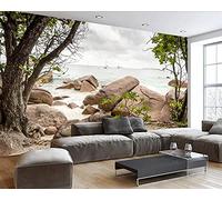 MUMUWUSG Non-Woven Wallpaper Green Trees Stones Beach Self-Adhesive Mural Art Decals Home Decoration DIY Living Bedroom Office Decor Wallpaper Kids Room Gift 250X200Cm