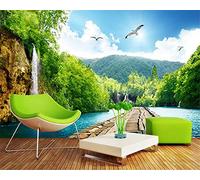 MUMUWUSG Wall Mural - 3D Print Green Trees Sky Lake Wallpaper Mural Self-Adhesive Non-Woven Photo Wall Art Mural Living Room Bedroom Office Murals Wallpaper 250X200Cm