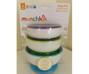 Munchkin BPA-Free Plastic Toddler Snack Bowl Stick on 3 Pack Purple Green Blue