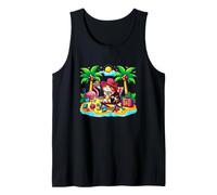 Munchkin Cat Relaxing On Beach Funny Vacation Hawaiian Tank Top