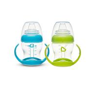Munchkin Gentle Transition Sippy Cups 2 Pack | Bottle to Cup Trainer for Baby & Toddler | Soft Spout with Handles & Lids | BPA Free Leakproof | Baby Led Weaning | 4+ Months | 4oz/118ml | Blue/Green