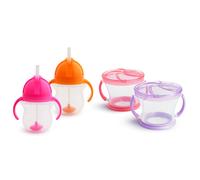 Munchkin Happy Snacker Toddler Cups and Snack Containers - 7oz Any Angle Weighted Straw Trainer Cup and 9oz Snack Catchers Purple/Pink