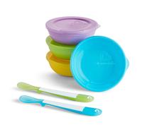 Munchkin Love A Bowls Toddler & Baby with Lids, Bright Plastic Feeding Food Storage Containers, Dishwasher Safe Bowls, Weaning Spoons - 4 Pack (Multi Colour)