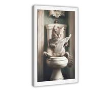 Munchkin Sitting on Toilet And Reading Newspaper, Funny Bathroom Wall Art Poster, Ginger Cat Canvas Art Wall Decor Posters Home Bar Restaurant Garage Cafe Logo Gift 20x30inch(50x75cm)