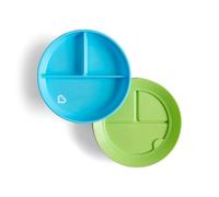 Munchkin Stay Put Divided Plates - 2 Pack Baby & Toddler Plate Set with Compartments, Suction Plate for Babies 6 Months & Over, BPA Free, Blue/Green